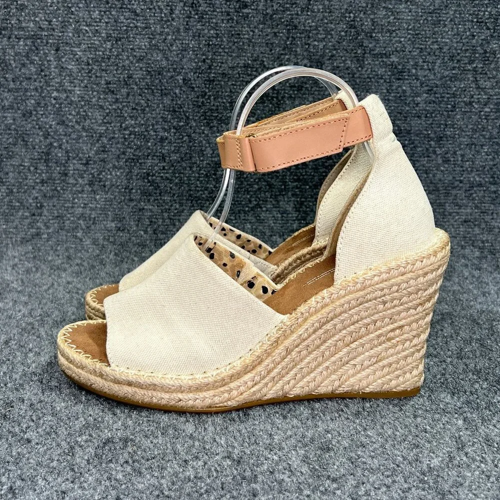 Toms Marisol Wedge Sandals Women's 9 Cream Canvas Espadrille Ankle Strap‎ Shoes